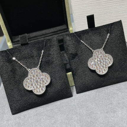 CLOVER LARGE PENDANT DIAMOND PAVED SILVER NECKLACE