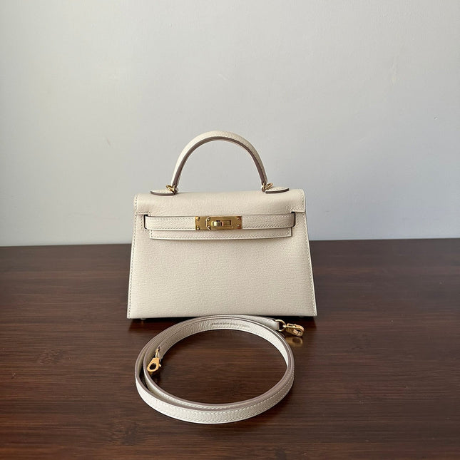 HM KELLY MINI 20 WHITE CHEVRE GOLD HARDWARE