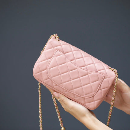 MINI RECTANGLE FLAP BAG 20CM PINK LAMBSKIN GOLD HARDWARE