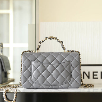 MINI RECTANGLE FLAP BAG TOP HANDLE 20CM GREY LAMBSKIN SILVER HARDWARE