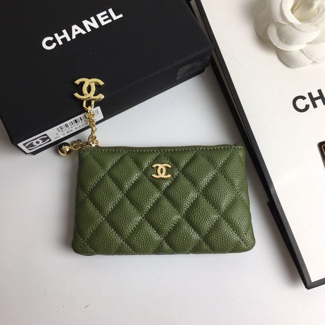 CC CLASSIC SMALL ZIPPED POUCH 15 DARK GREEN CALFSKIN GOLD ICON