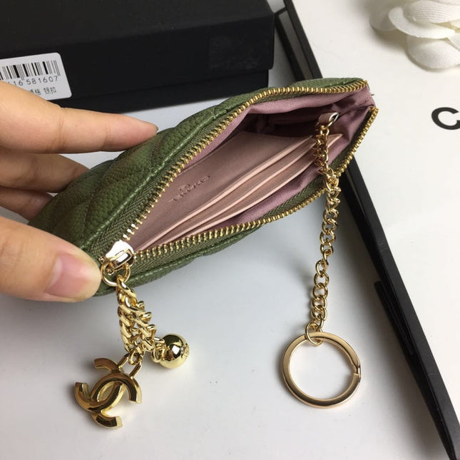 CC CLASSIC SMALL ZIPPED POUCH 15 DARK GREEN CALFSKIN GOLD ICON