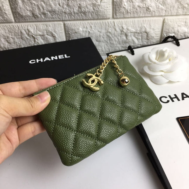 CC CLASSIC SMALL ZIPPED POUCH 15 DARK GREEN CALFSKIN GOLD ICON