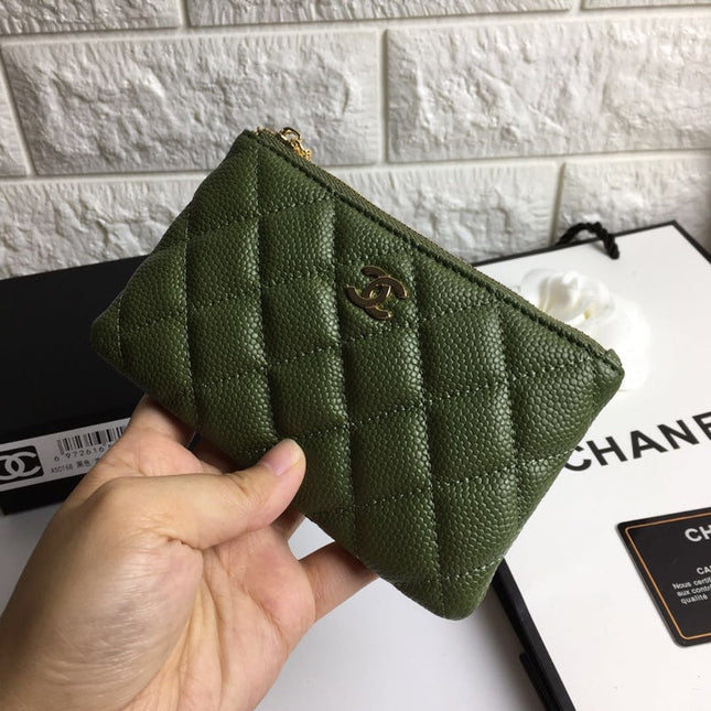 CC CLASSIC SMALL ZIPPED POUCH 15 DARK GREEN CALFSKIN GOLD ICON
