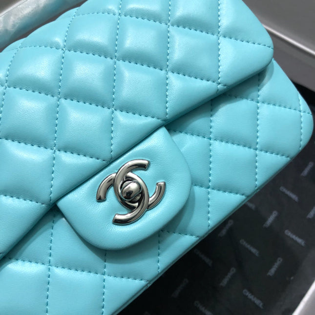 CC 20 CLASSIC SMALL DOUBLE FLAP BAG IN LIGHT BLUE CALFSKIN