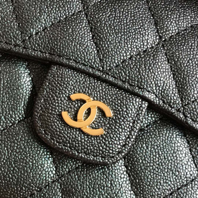 CC FLAP CARD HOLDER 11.5 BLACK GRAINED CALFSKIN WITH GOLD ICON