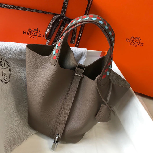 HM PICOTIN LOCK 22 TAUPE CALFSKIN WITH BRAID STRAP