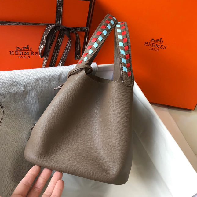 HM PICOTIN LOCK 22 TAUPE CALFSKIN WITH BRAID STRAP