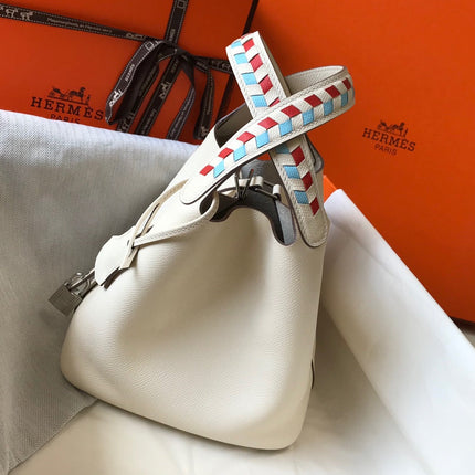 HM PICOTIN LOCK 18 WHITE CALFSKIN WITH BRAID STRAP