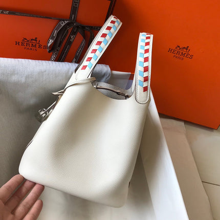 HM PICOTIN LOCK 22 WHITE CALFSKIN WITH BRAID STRAP