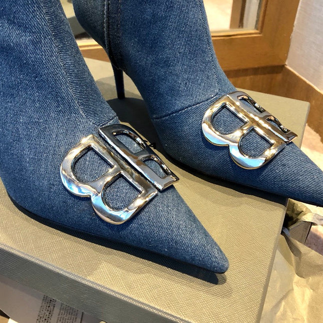 POINTED-TOE HIGH HEEL 80 MM ANKLE BOOTS IN BLUE DENIM