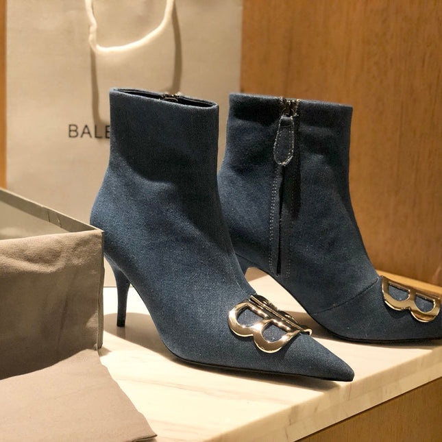 POINTED-TOE HIGH HEEL 80 MM ANKLE BOOTS IN BLUE DENIM