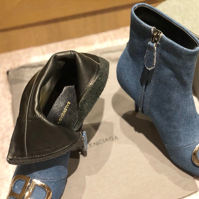 POINTED-TOE HIGH HEEL 80 MM ANKLE BOOTS IN BLUE DENIM