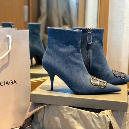 POINTED-TOE HIGH HEEL 80 MM ANKLE BOOTS IN BLUE DENIM