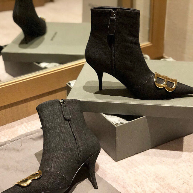 POINTED-TOE HIGH HEEL 80 MM ANKLE BOOTS IN BLACK DENIM