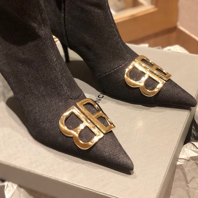 POINTED-TOE HIGH HEEL 80 MM ANKLE BOOTS IN BLACK DENIM