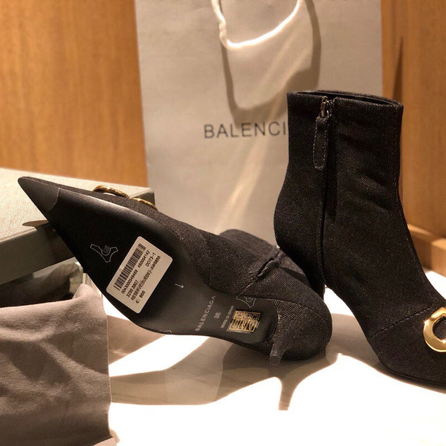 POINTED-TOE HIGH HEEL 80 MM ANKLE BOOTS IN BLACK DENIM