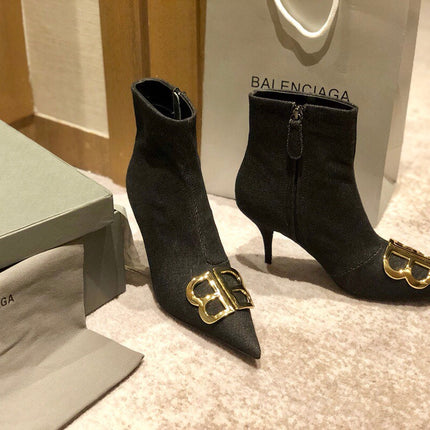 POINTED-TOE HIGH HEEL 80 MM ANKLE BOOTS IN BLACK DENIM