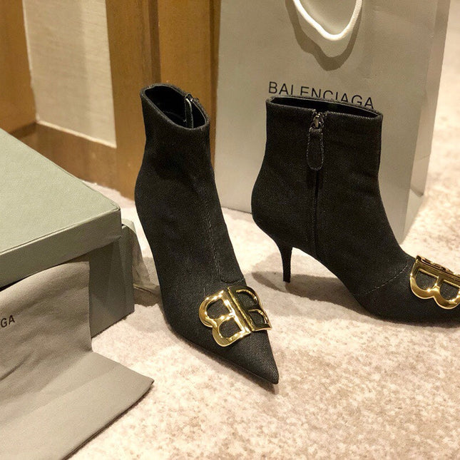 POINTED-TOE HIGH HEEL 80 MM ANKLE BOOTS IN BLACK DENIM