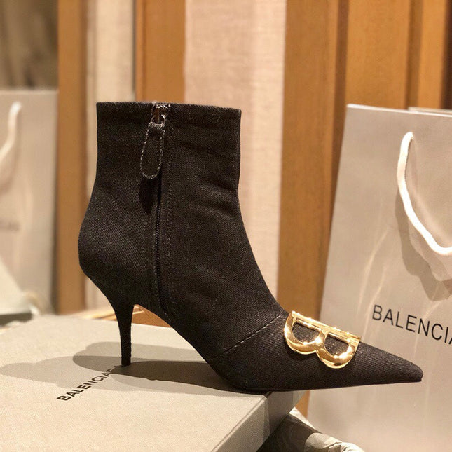 POINTED-TOE HIGH HEEL 80 MM ANKLE BOOTS IN BLACK DENIM