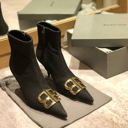 POINTED-TOE HIGH HEEL 80 MM ANKLE BOOTS IN BLACK DENIM