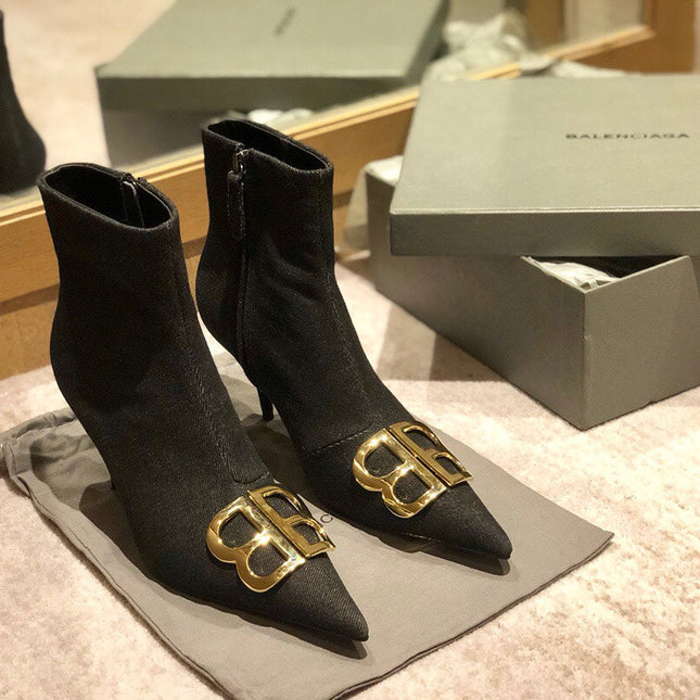 POINTED-TOE HIGH HEEL 80 MM ANKLE BOOTS IN BLACK DENIM