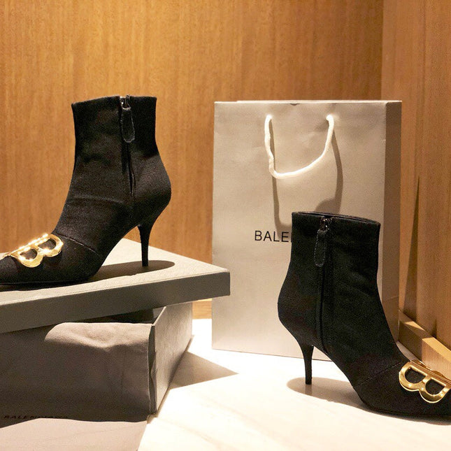 POINTED-TOE HIGH HEEL 80 MM ANKLE BOOTS IN BLACK DENIM