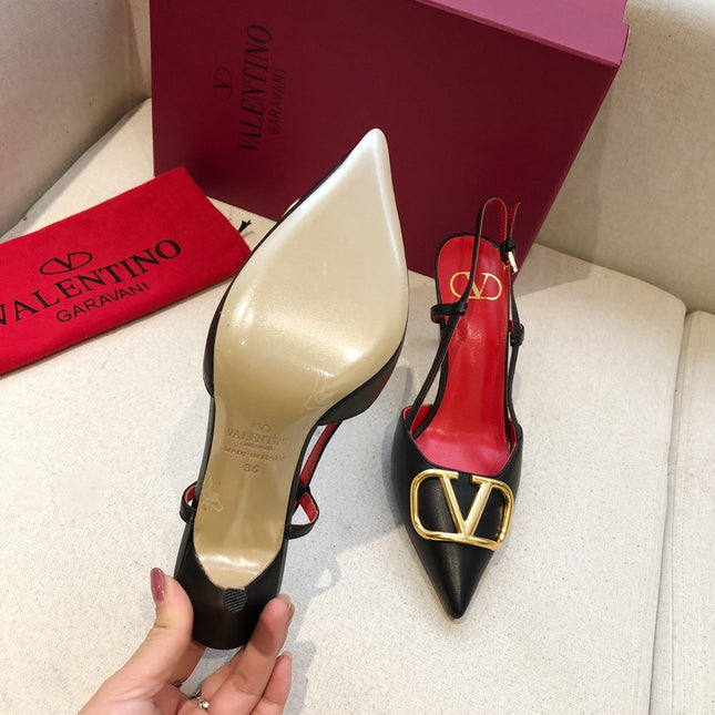 VLOGO SIGNATURE BLACK CALFSKIN HIGH SLINGBACK PUMP 7 CM WITH GOLD LOGO