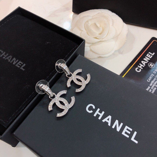 DOUBLE C STUD EARRINGS IN SILVER METAL FULL WHITE CRYSTALS