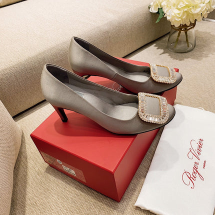 TROMPETTE PUMPS IN TAUPE SILK CRYSTAL BUCKLE