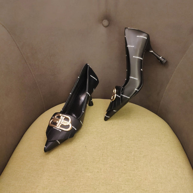 POINTED TOE PUMPS BLACK WITH LOGO PRINT SMOOTH CALFSKIN