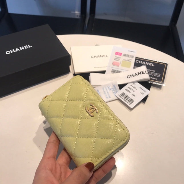 CC ZIPPED CAVIAR PURSE 11 LIGHT YELLOW CALFSKIN GOLD ICON