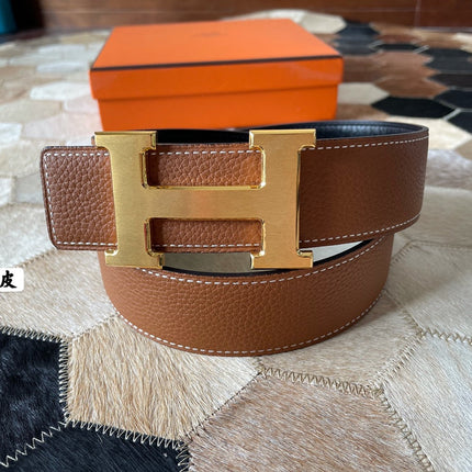 HM CONSTANCE BELT BUCKLE & REVERSIBLE BRONZE BROWN LEATHER STRAP 38MM GOLD HARDWARE