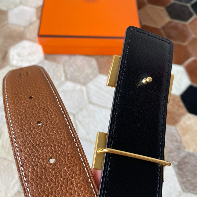 HM CONSTANCE BELT BUCKLE & REVERSIBLE BRONZE BROWN LEATHER STRAP 38MM GOLD HARDWARE