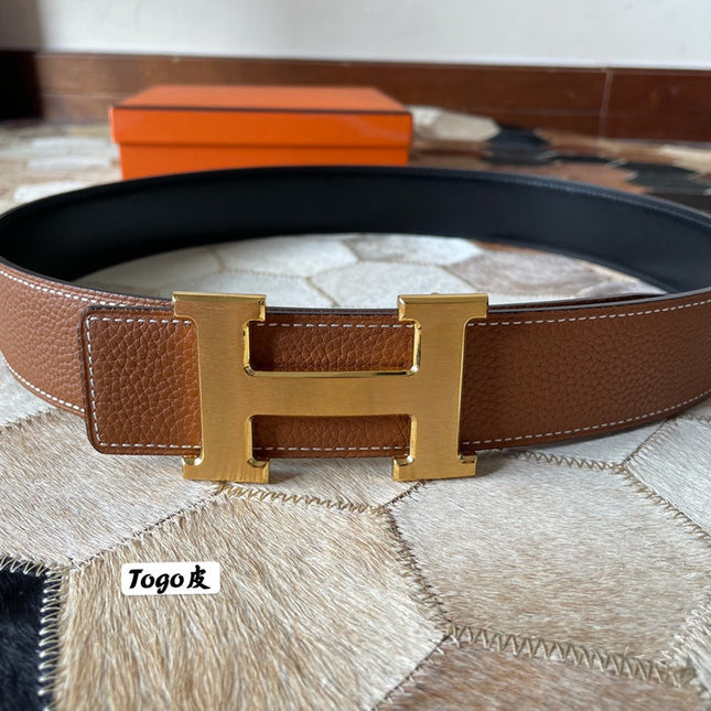 HM CONSTANCE BELT BUCKLE & REVERSIBLE BRONZE BROWN LEATHER STRAP 38MM GOLD HARDWARE