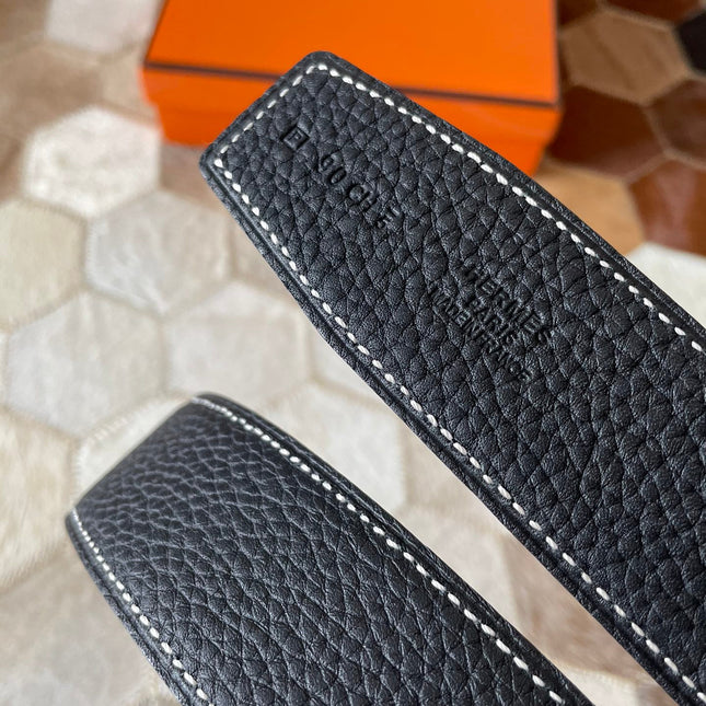 HM CONSTANCE BELT BUCKLE & REVERSIBLE BLACK LEATHER STRAP 38MM SILVER HARDWARE