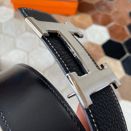 HM CONSTANCE BELT BUCKLE & REVERSIBLE BLACK LEATHER STRAP 38MM SILVER HARDWARE