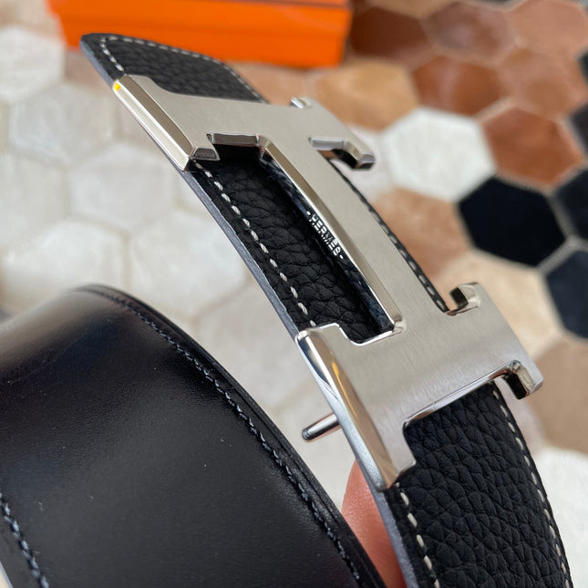 HM CONSTANCE BELT BUCKLE & REVERSIBLE BLACK LEATHER STRAP 38MM SILVER HARDWARE