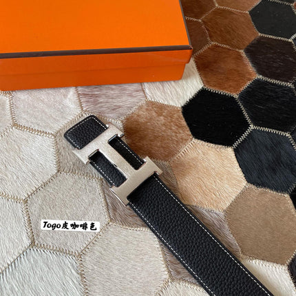 HM CONSTANCE BELT BUCKLE & REVERSIBLE BLACK LEATHER STRAP 38MM SILVER HARDWARE