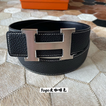 HM CONSTANCE BELT BUCKLE & REVERSIBLE BLACK LEATHER STRAP 38MM SILVER HARDWARE