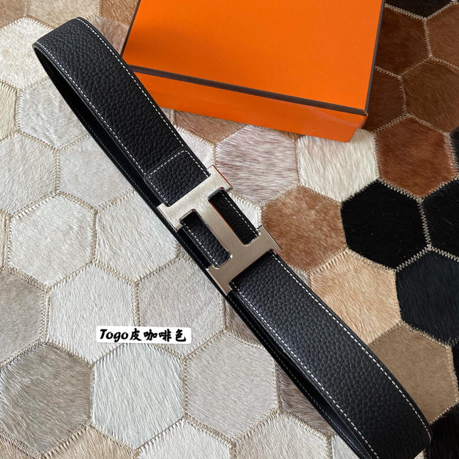 HM CONSTANCE BELT BUCKLE & REVERSIBLE BLACK LEATHER STRAP 38MM SILVER HARDWARE