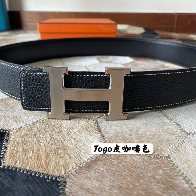 HM CONSTANCE BELT BUCKLE & REVERSIBLE BLACK LEATHER STRAP 38MM SILVER HARDWARE