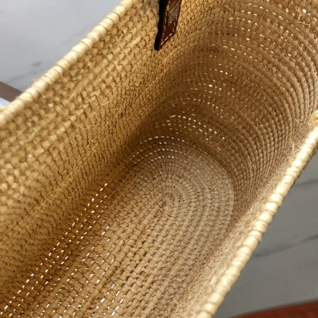 LOE SQUARE BASKET BAG 28 IN NATURAL RAFFIA AND CHOCOLATE BROWN CALFSKIN