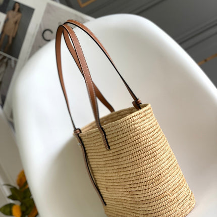 LOEWE 25S BASKET BAG 30 IN NATURAL MIX BROWN RAFFIA CALFSKIN SHOULDER STRAP