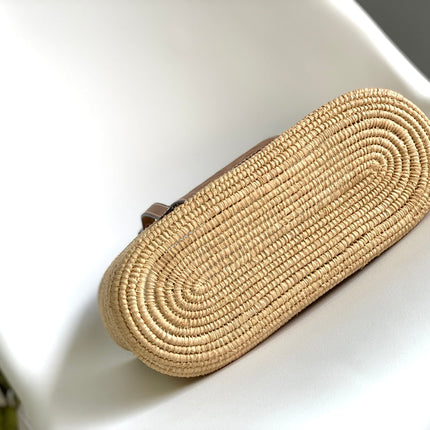 LOEWE 25S BASKET BAG 30 IN NATURAL MIX BROWN RAFFIA CALFSKIN SHOULDER STRAP