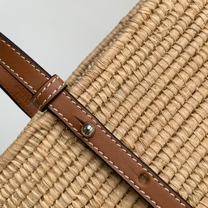 LOEWE 25S BASKET BAG 30 IN NATURAL MIX BROWN RAFFIA CALFSKIN SHOULDER STRAP