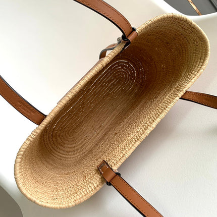 LOEWE 25S BASKET BAG 30 IN NATURAL MIX BROWN RAFFIA CALFSKIN SHOULDER STRAP