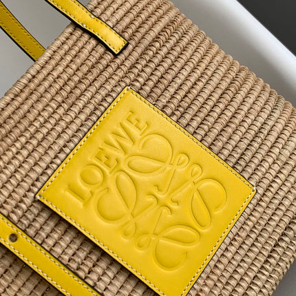 LOEWE 25S BASKET BAG 30 IN NATURAL MIX YELLOW RAFFIA CALFSKIN SHOULDER STRAP