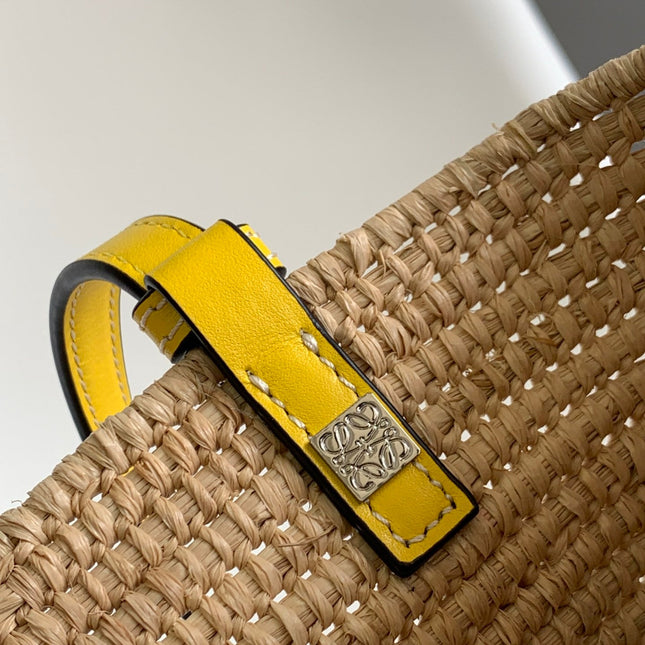 LOEWE 25S BASKET BAG 30 IN NATURAL MIX YELLOW RAFFIA CALFSKIN SHOULDER STRAP