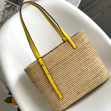 LOEWE 25S BASKET BAG 30 IN NATURAL MIX YELLOW RAFFIA CALFSKIN SHOULDER STRAP